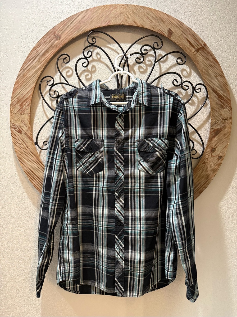 Relic Black Plaid Button-Down Shirt with Teal Accents